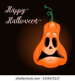 Halloween Pumpkin on a dark background. Happy Halloween Inscription. The emotion of shocked. Poster, postcard, stand. Vector.