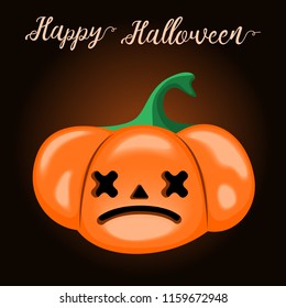 Halloween Pumpkin on a dark background. Happy Halloween Inscription. The emotion of dead. Poster, postcard, stand. Vector.
