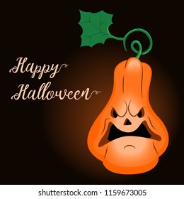 Halloween Pumpkin on a dark background. Happy Halloween Inscription. The emotion of evil. Poster, postcard, stand. Vector.