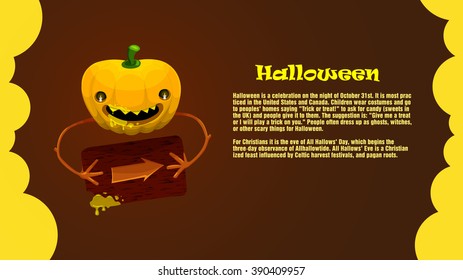 Halloween, pumpkin on dark brown background with text with yellow circles