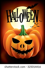 Halloween pumpkin on the moon background with bats and an inscription