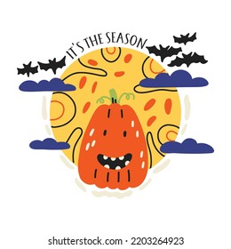 Halloween Pumpkin on the Moon. Funny character bat. Halloween kids graphic. Cartoon flat vector 