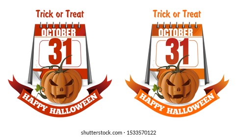 Halloween pumpkin on October 31 calendar background. Halloween design set. Jack o lantern. Trick or treat. Vector illustration