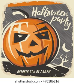 Halloween Pumpkin On Old Paper Background. Retro Poster Or Invitation  Template For Halloween Party Event.
