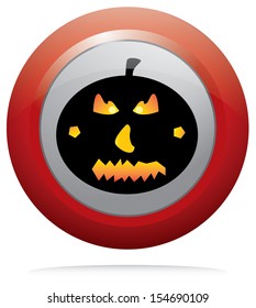 Halloween pumpkin on red round button. Black pumpkin vector on isolated button design.