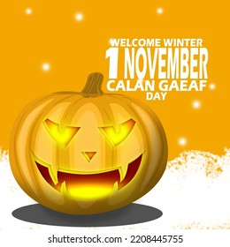 A Halloween pumpkin on the snow with bold text on an orange background to celebrate Calan Gaeaf on November 1 in United Kingdom