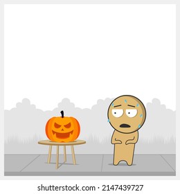 Halloween Pumpkin on the table, man in panic
