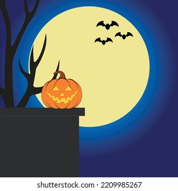 Halloween-Kürbis auf Vollmond-Hintergrund. und einige fliegende Fledermäuse.
