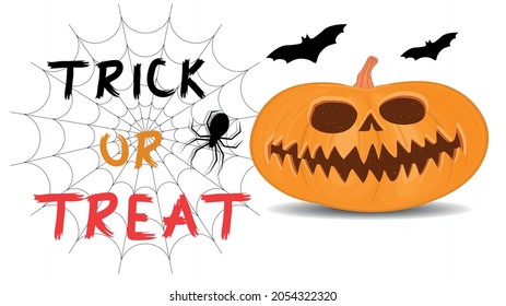 Halloween pumpkin on a white background, orange pumpkin with different shapes and faces with the inscription Trick or Treat. Vector illustration.