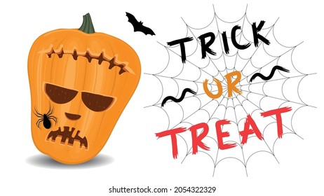 Halloween pumpkin on a white background, orange pumpkin with different shapes and faces with the inscription Trick or Treat. Vector illustration.
