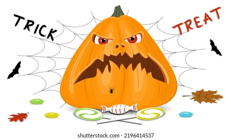 Halloween pumpkin on a white background, orange pumpkin with different shapes and faces. Vector illustration.