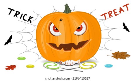 Halloween pumpkin on a white background, orange pumpkin with different shapes and faces. Vector illustration.
