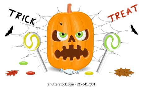 Halloween pumpkin on a white background, orange pumpkin with different shapes and faces. Vector illustration.