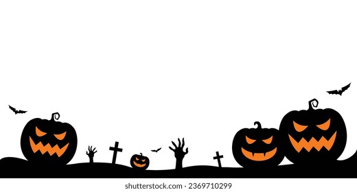 Halloween pumpkin on a white background. Spooky creepy Zombie Hand Rising Out of a graveyard. Flying bats and gravestones.  Perfect for invitations, posters, and digital art.