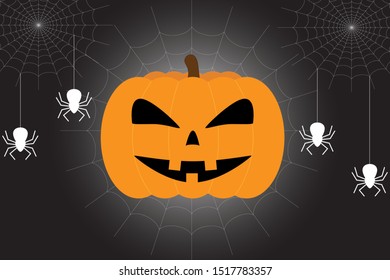 Halloween pumpkin on white cobweb and white spider background. Devil pumpkin.