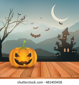 Halloween pumpkin on a wooden deck against a spooky landscape