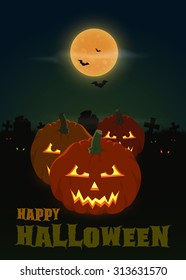 Halloween pumpkin on wooden planks. Cemetery grave stones on background.