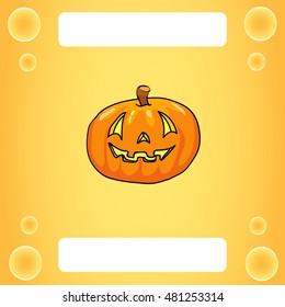 Halloween pumpkin on yellow background with place for text. Happy Halloween background. Autumn background. Hand drawing. Vector illustration.
