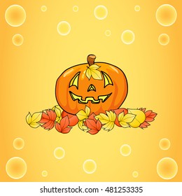 Halloween pumpkin on a yellow background in the autumn leaves. Happy Halloween background. Autumn background. Hand drawing. Vector illustration.