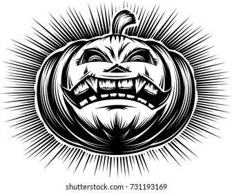 Halloween pumpkin with open mouth, tooth and sinister eyes. A cartoon icon of main symbol of Halloween holiday. Vector illustration in a hand drawing vintage graphic style for stamping print or tattoo