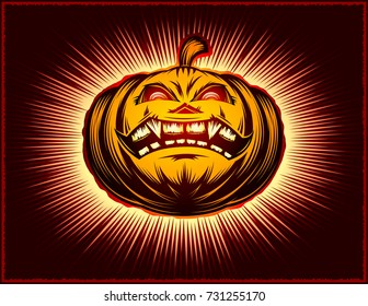 Halloween Pumpkin with open smiling mouth. A cartoon symbol of Halloween holiday. Vector illustration in a retro style. Color version