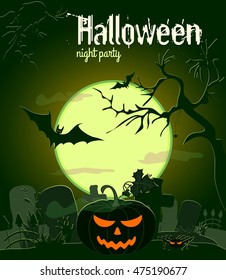 Halloween pumpkin and other characters old cemetery on green Moon background, vector illustration.