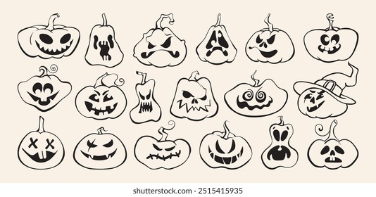 Conjunto de ícone de contorno de abóbora de Halloween. Scary Jack o lanterna coleção. Rostos de abóbora sorridentes assustadores de diferentes formas e emoções. Ilustração vetorial de linha para cartões de outono, banners, adesivos, cartaz