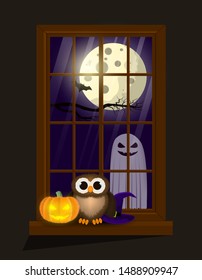 Halloween pumpkin, owl, hat and Ghost on the window, modern Halloween background pattern, vector illustration