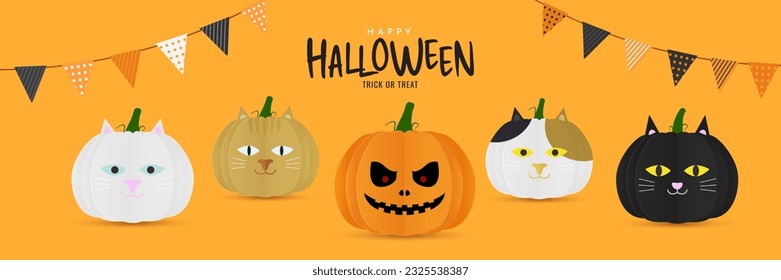 Halloween pumpkin with paper cut cat faces pumpkin elements for halloween. Happy halloween