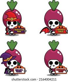Halloween pumpkin party design sale board, vegetable skull costume vector illustration