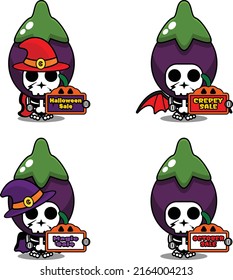 Halloween pumpkin party design sale board, vegetable skull costume vector illustration