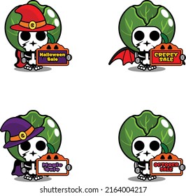 Halloween pumpkin party design sale board, vegetable skull costume vector illustration