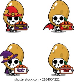 Halloween pumpkin party design sale board, vegetable skull costume vector illustration