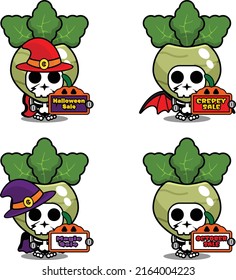 Halloween pumpkin party design sale board, vegetable skull costume vector illustration