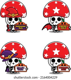 Halloween pumpkin party design sale board, vegetable skull costume vector illustration