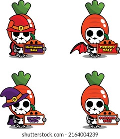 Halloween pumpkin party design sale board, vegetable skull costume vector illustration