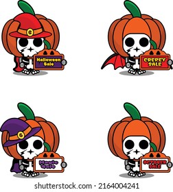 Halloween pumpkin party design sale board, vegetable skull costume vector illustration