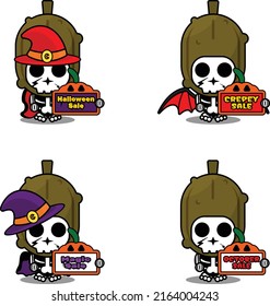 Halloween pumpkin party design sale board, vegetable skull costume vector illustration