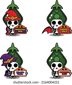 Halloween pumpkin party design sale board, vegetable skull costume vector illustration