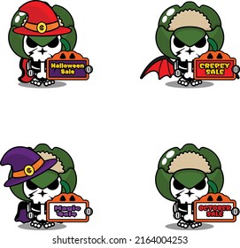 Halloween pumpkin party design sale board, vegetable skull costume vector illustration