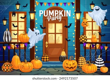 Fiesta de calabaza de Halloween en el porche de la puerta de vacaciones con personajes fantasmas y murciélagos. Fondo de pantalla de Vector del porche de la casa rural del día de fiesta de Halloween con los fantasmas, calabaza despojada Jack o linternas y Web de la araña