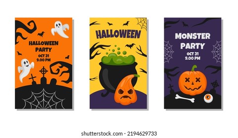 Halloween pumpkin party poster template. Cute happy banner or sale background, funny creepy pumpkins and ghosts, greeting card or flyer, horror frame. Vector illustration