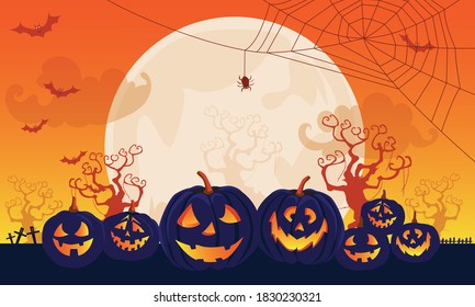 Halloween pumpkin patch in the moonlight. Happy Halloween orange banner trick or treat with a full moon, bats, and pumpkin Party invitation background with text. Vector illustration Flat design