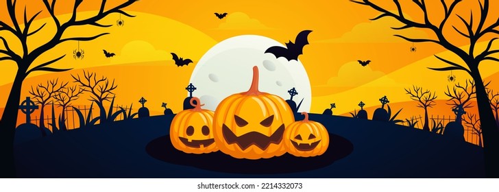 Halloween pumpkin patch in the moonlight. Happy Halloween orange banner trick or treat with a full moon, bats, pumpkin Party invitation background with text. Vector illustration Flat design