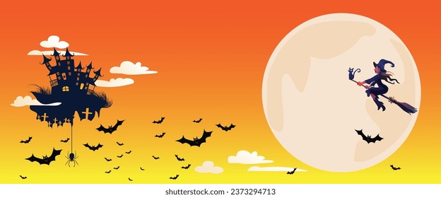 Halloween pumpkin patch in the moonlight. Happy Halloween Orage banner trick or treat with a full moon, bats, pumpkin Party invitation background with text. Vector illustration Flat design