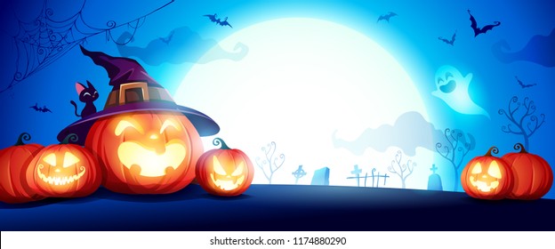 Halloween pumpkin patch in the moonlight  Jack O Lantern party  Horizontal banner  