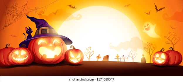 Halloween pumpkin patch in the moonlight. Jack O Lantern party. Horizontal banner. 