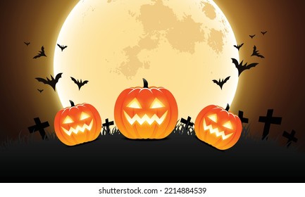 Halloween pumpkin patch in the moonlight. Jack O Lantern party. Horizontal banner.