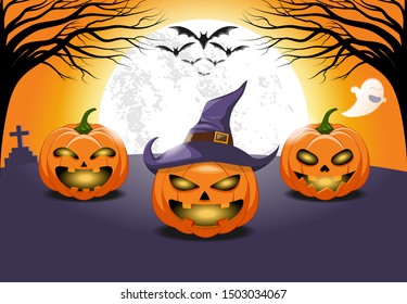 Halloween pumpkin patch in the moonlight.Vector Illustration.