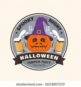 Halloween Pumpkin patch party design. Spooky night. Vector illustration. For holiday Halloween design, shirt, logo, badge, decorations, cards, banner with pumpkin in wizard hat, beer silhouette.